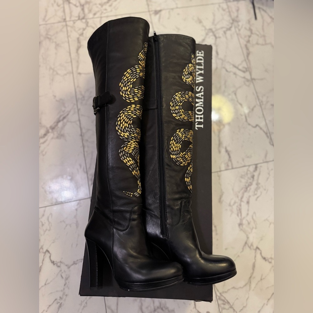 Thomas Wylde Black Leather Snake Embroidered OTK Boots — Size 6.5